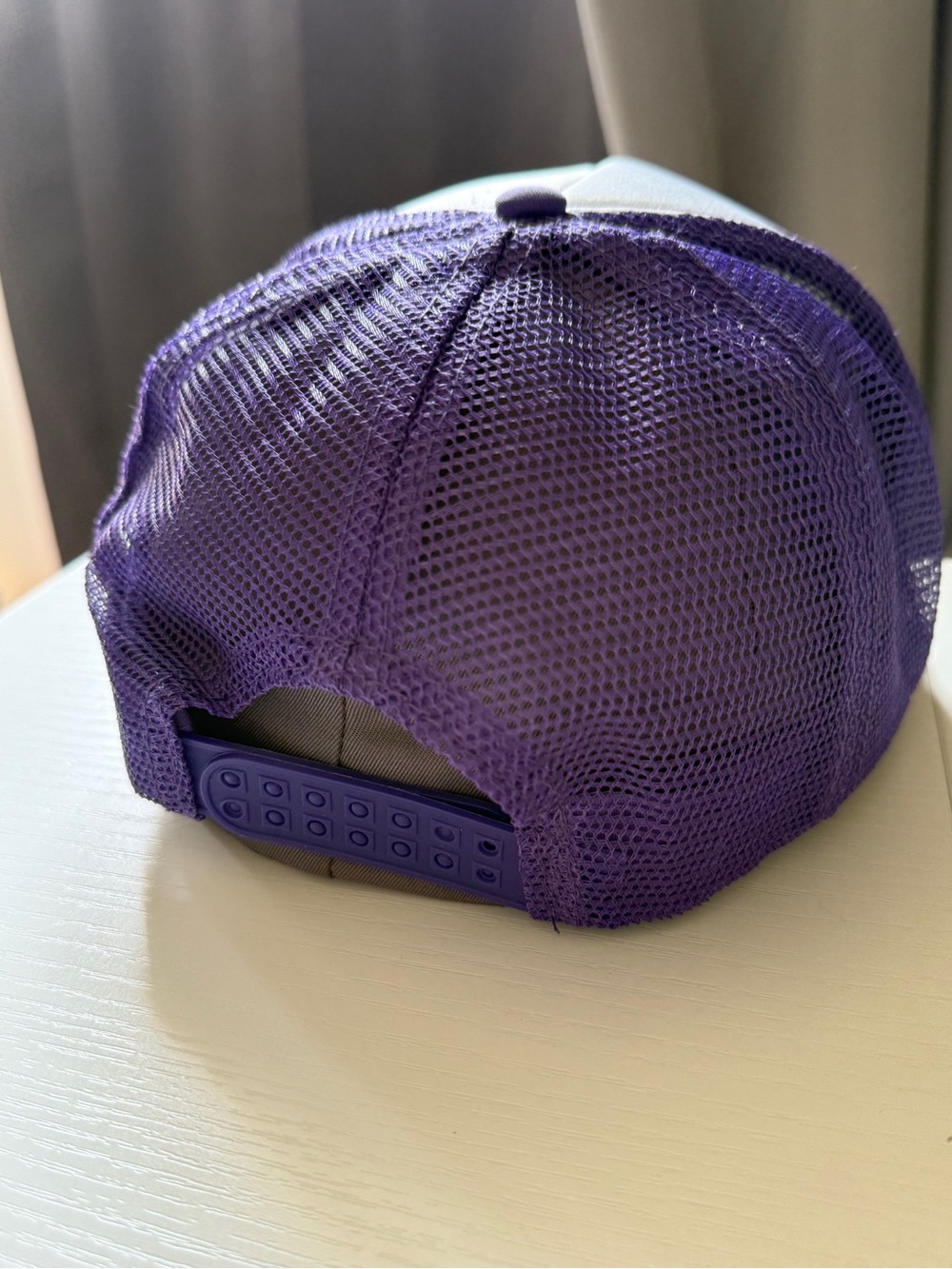 Cheerful & Fun Purple White Patch Trucker Hat with Disco Globe & Smiley - Picture 4 of 5